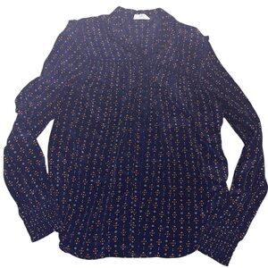 A Loves A  Silk Navy Ruched Ruffle Long Sleeve Blouse Top  Long Sleeve